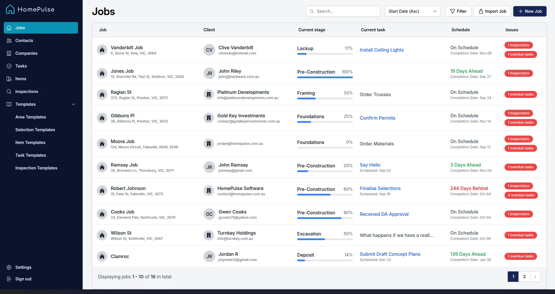 HomePulse construction management dashboard