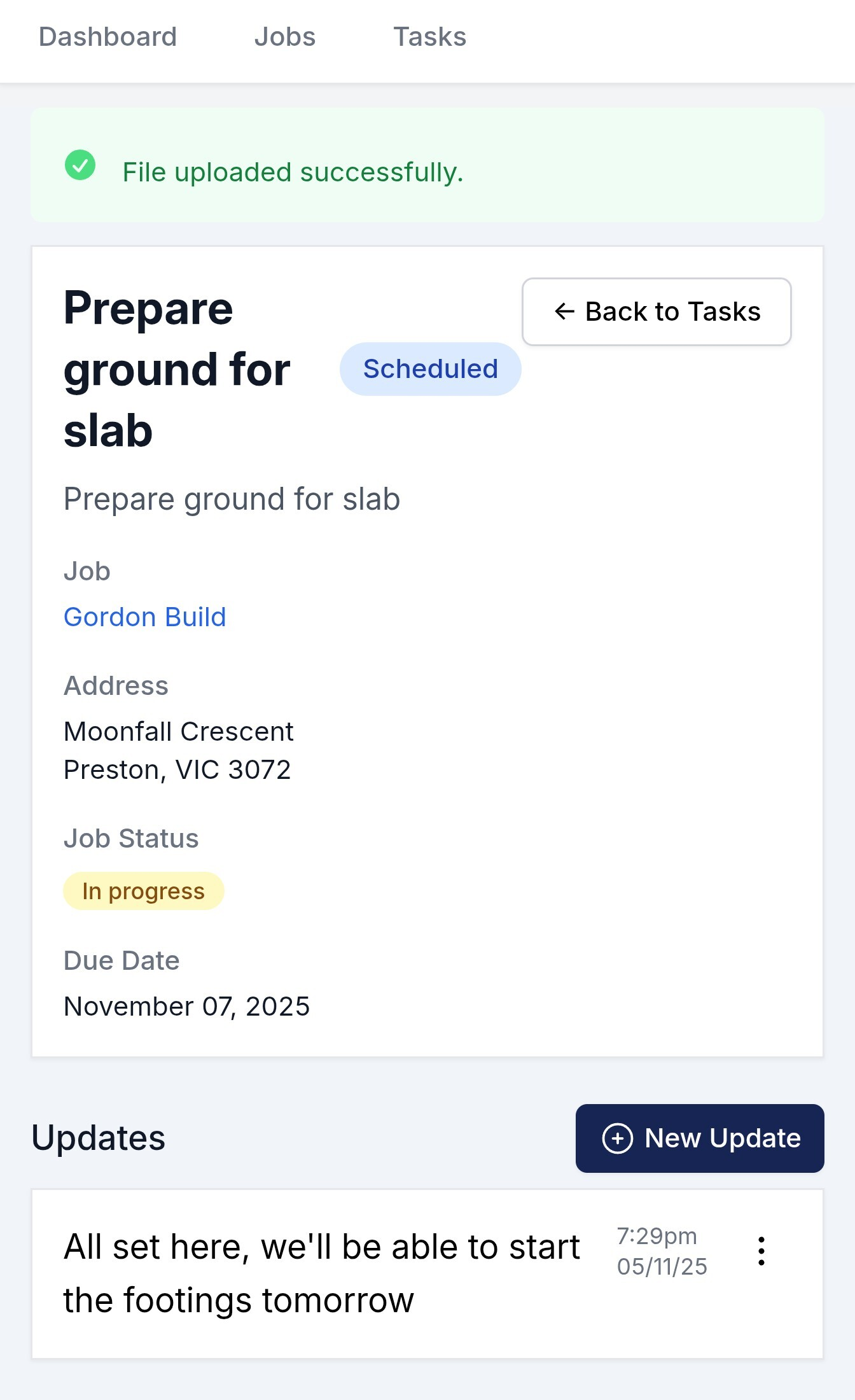 Mobile task detail view showing task information and updates
