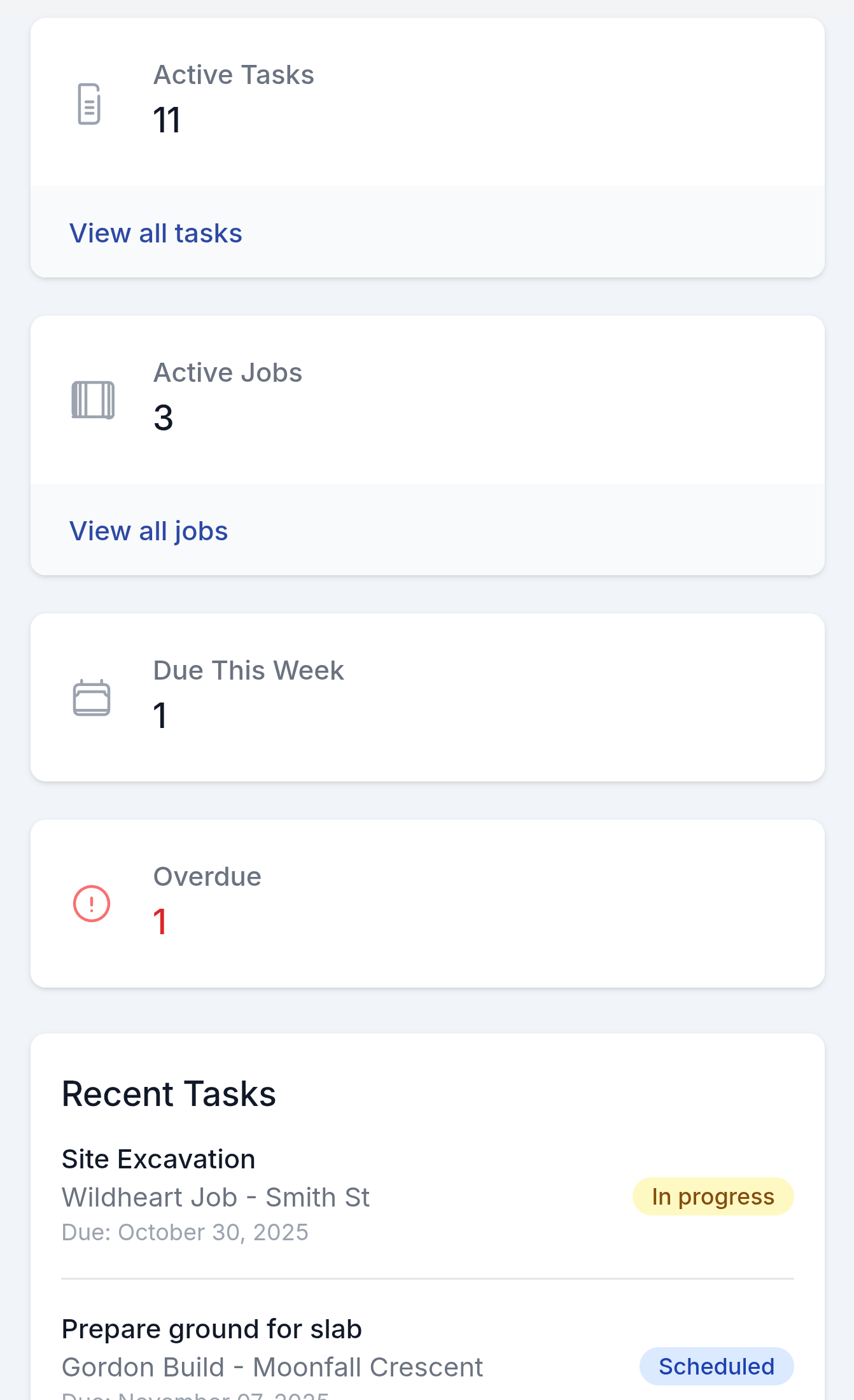 Mobile dashboard overview showing active tasks, jobs, and recent tasks