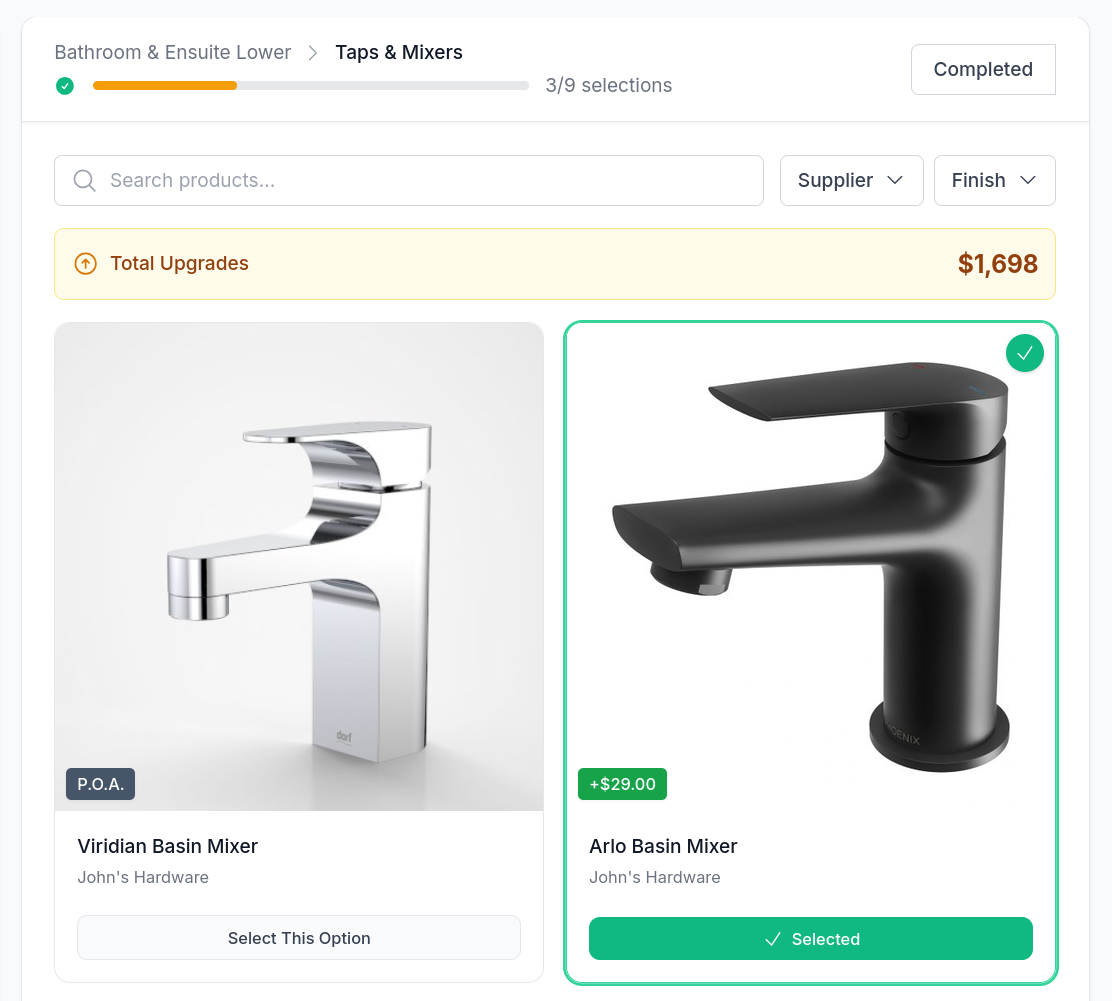 Two product cards in the client portal. The chrome basin mixer carries a P.O.A. badge, the matte black one a +$29.00 badge and a Selected button. Above them, a Total Upgrades panel reads $1,698.